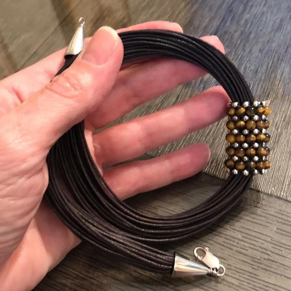 Waxed Brown Cord Necklace with Silver & Tigers Eye Beads, Sterling End Caps